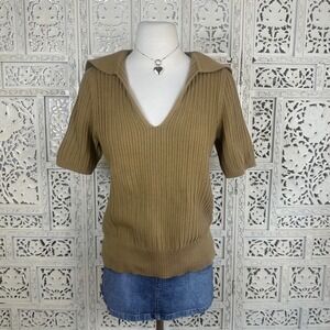 Banana Republic Chunky Brown Tan‎ Collared Short Sleeve Sailor Sweater Sz Small